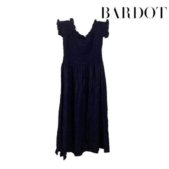 Bardot‎ Navy Smocked Midi Dress With Flutter Sleeves & Ruffle Details Size M - Picture 2 of 3